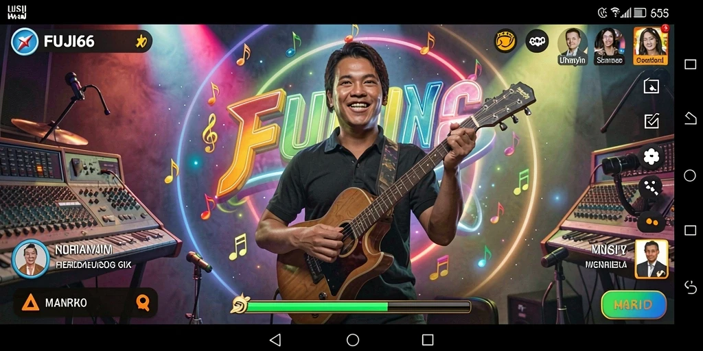 Screenshot menunjukkan gameplay musik yang dinamis dan interaktif.