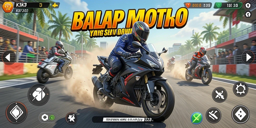 Tampilan gameplay K3K3 saat balapan motor yang intens.