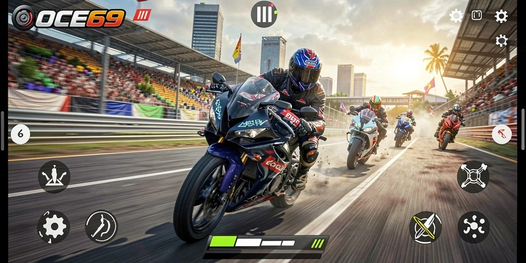 Screenshot OCE69 menampilkan balapan motor yang seru di lintasan menantang.