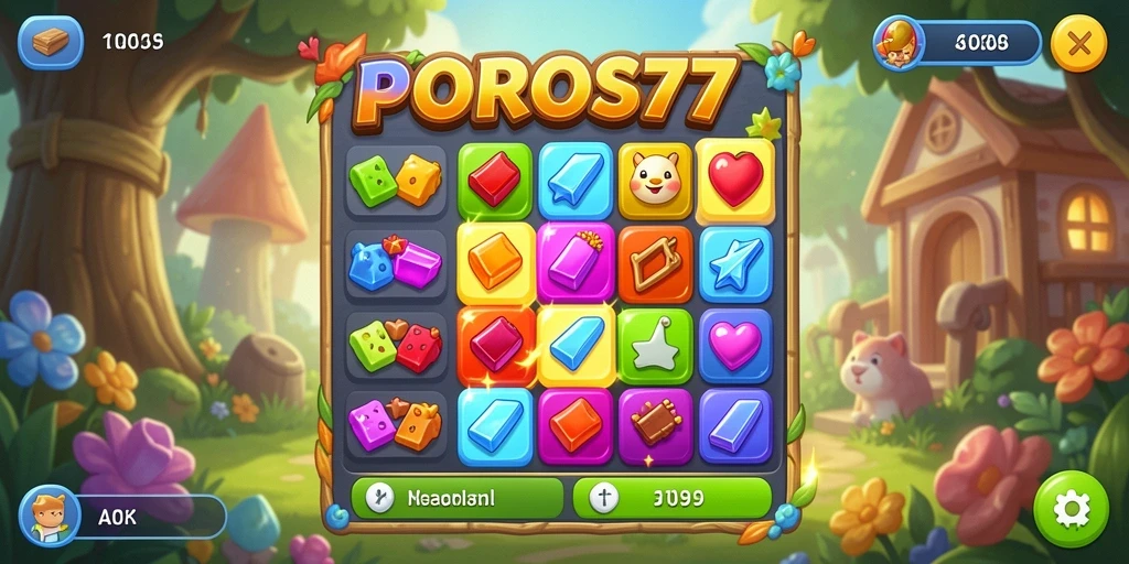 Tampilan ceria gameplay Match-3 POROS77 yang penuh warna.