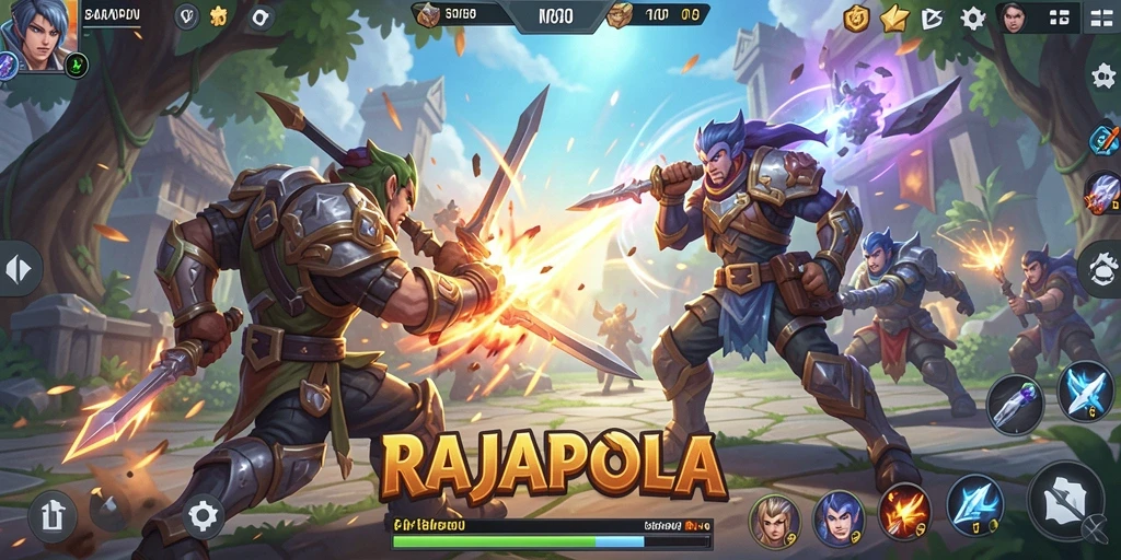 Screenshot <strong>RAJAPOLA</strong> menunjukkan pertarungan seru di arena MOBA.