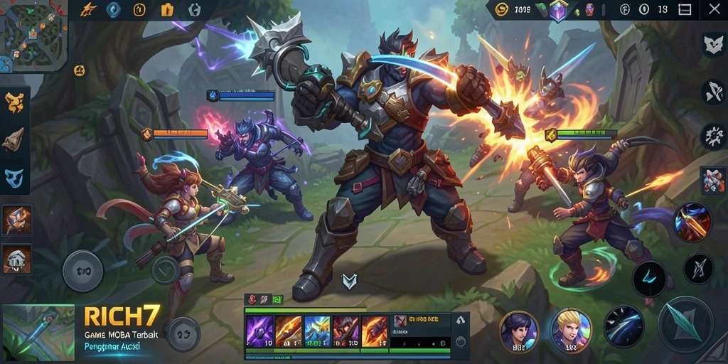 Screenshot RICH7 menampilkan karakter dalam pertempuran MOBA yang seru.