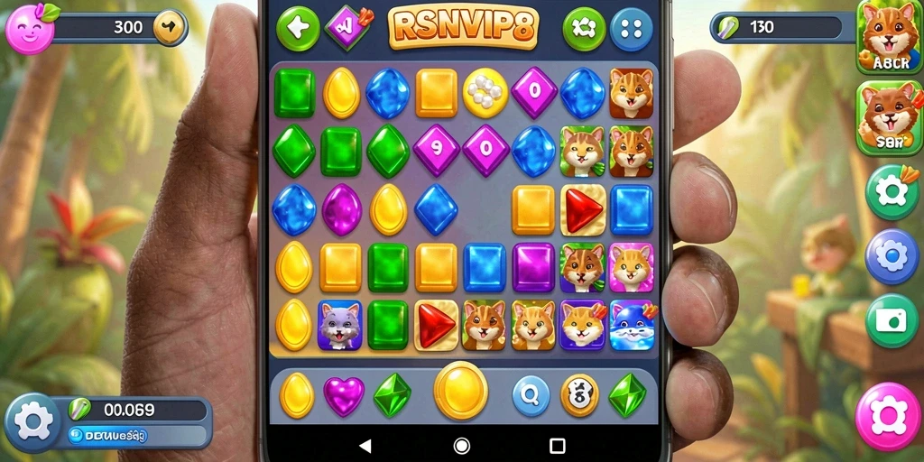 Tangkapan layar menunjukkan gameplay menarik RSNVIP8 di level Match-3.