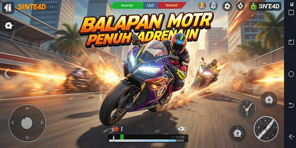 Gameplay menegangkan dari SINTE4D yang menampilkan aksi balapan motor.