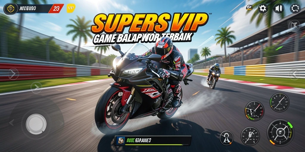 Tampilan gameplay SUPERSVIP dengan balapan motor yang seru dan menegangkan.